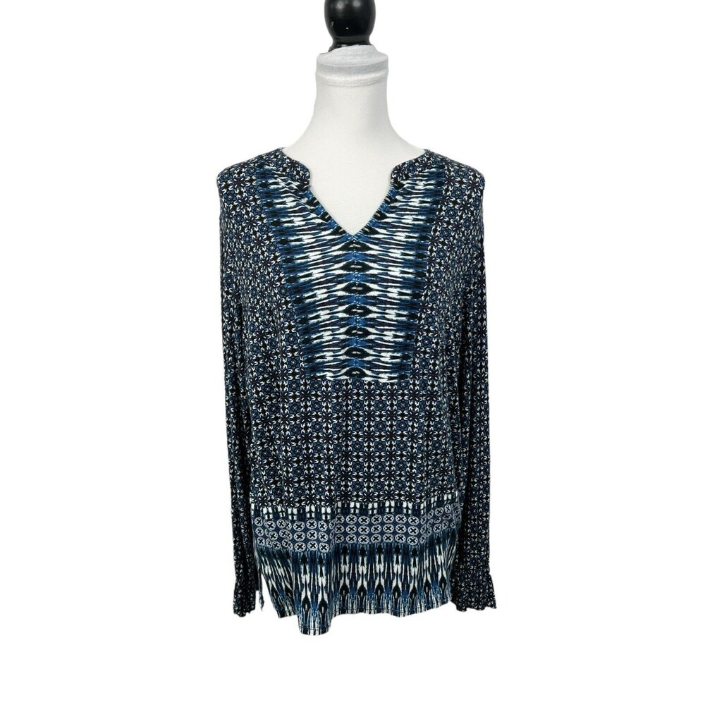 Dressbarn Blouse Women’s Size 1X Blue, White & Black Chiffon V Neck Long Sleeves